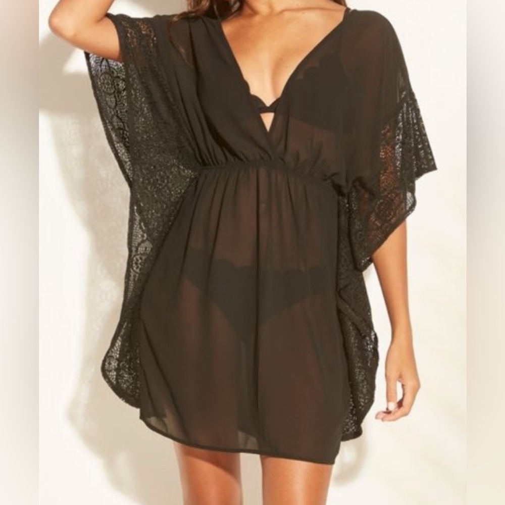 New Black Xhilaration Sheer Lace-Trim Swim Coverup - Size Large